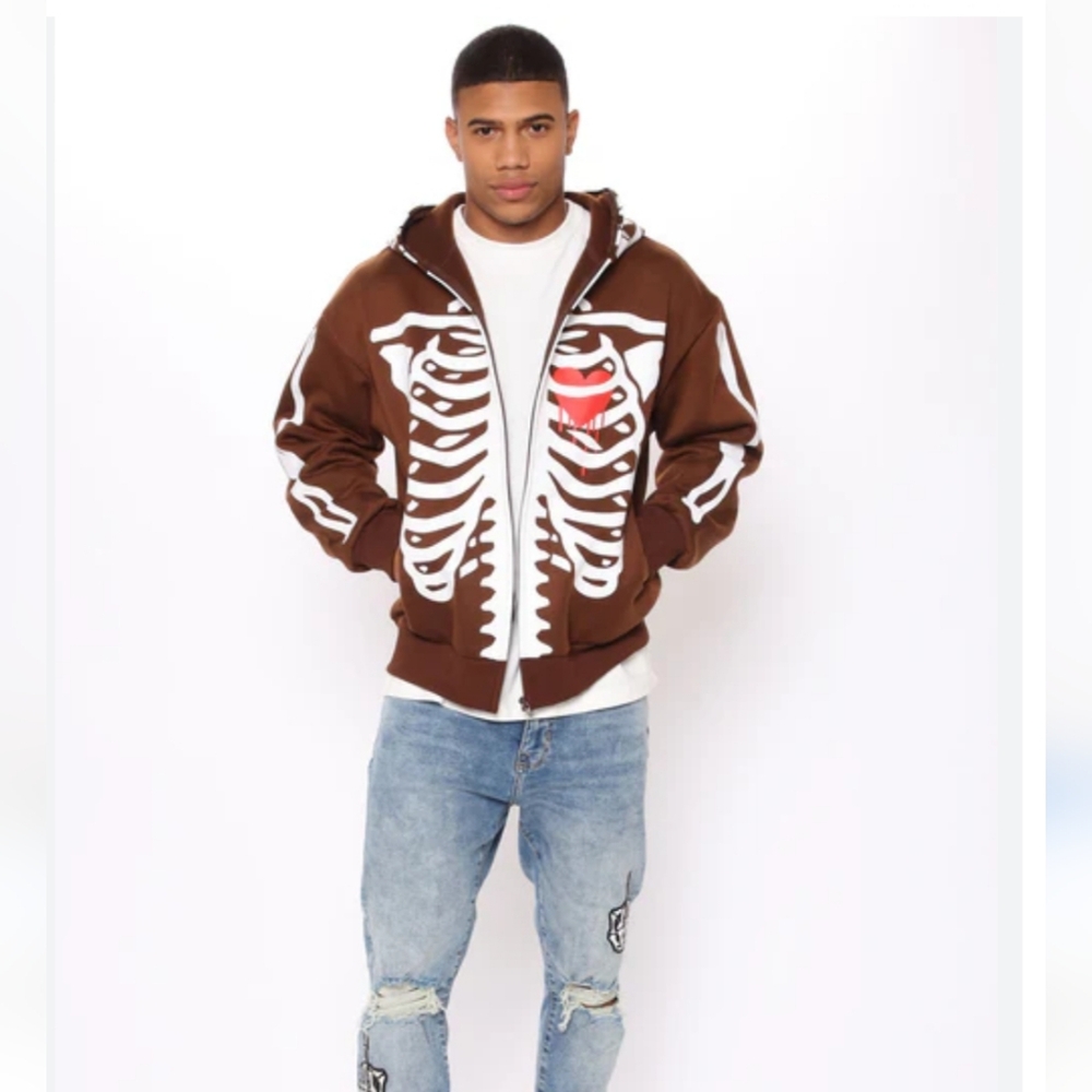 Off Beat Skelton Heart Hoodie NWT Embroidered Brown Mens